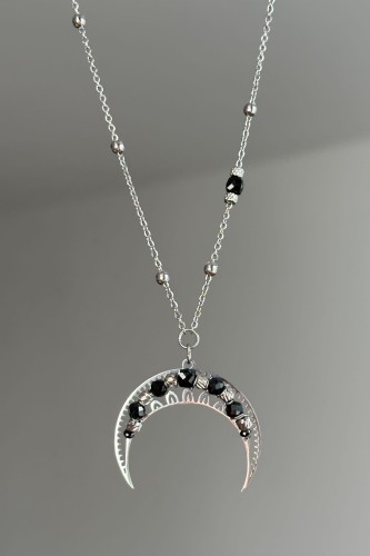 srebrna lunula naszyjnik naszyjnik z czarnym turmalinem srebrny naszyjnik ochronny kamienie naturalne biżuteria stal szlachetna srebrna naszyjnik regulowana długość minimalistyczny