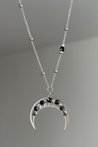 srebrna lunula naszyjnik naszyjnik z czarnym turmalinem srebrny naszyjnik ochronny kamienie naturalne biżuteria stal szlachetna srebrna naszyjnik regulowana długość minimalistyczny