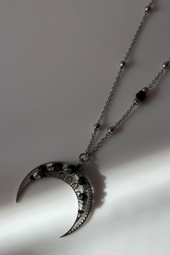 srebrna lunula naszyjnik naszyjnik z czarnym turmalinem srebrny naszyjnik ochronny kamienie naturalne biżuteria stal szlachetna srebrna naszyjnik regulowana długość minimalistyczny