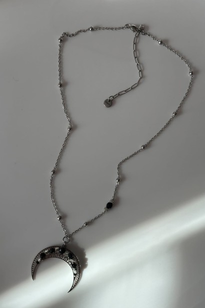srebrna lunula naszyjnik naszyjnik z czarnym turmalinem srebrny naszyjnik ochronny kamienie naturalne biżuteria stal szlachetna srebrna naszyjnik regulowana długość minimalistyczny