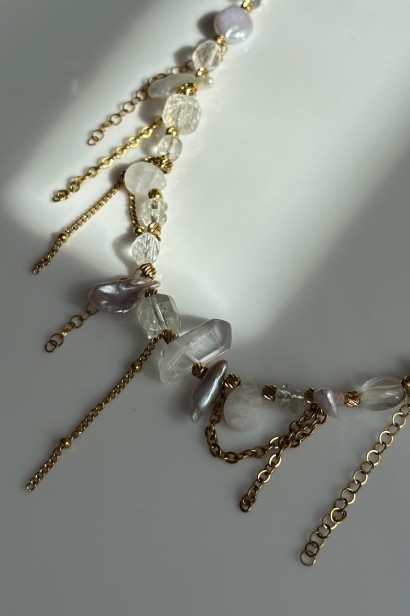 kolia z perłą barokową i kamieniami naturalnymi naszyjnik kryształ górski kamień księżycowy topaz perła unikatowa kolia handmade złota naszyjnik z łańcuszkami elegancki biżuteria stal szlachetna regulowana długość