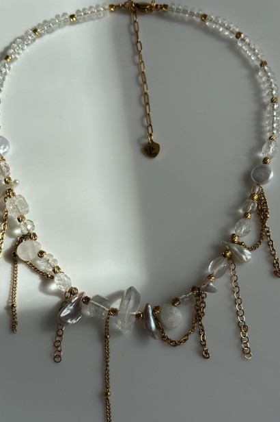 kolia z perłą barokową i kamieniami naturalnymi naszyjnik kryształ górski kamień księżycowy topaz perła unikatowa kolia handmade złota naszyjnik z łańcuszkami elegancki biżuteria stal szlachetna regulowana długość