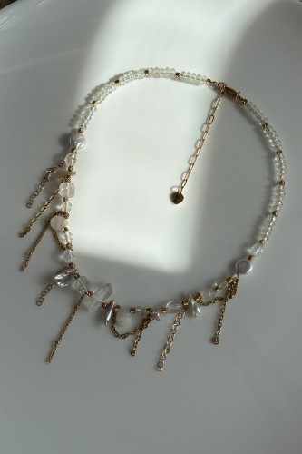 kolia z perłą barokową i kamieniami naturalnymi naszyjnik kryształ górski kamień księżycowy topaz perła unikatowa kolia handmade złota naszyjnik z łańcuszkami elegancki biżuteria stal szlachetna regulowana długość