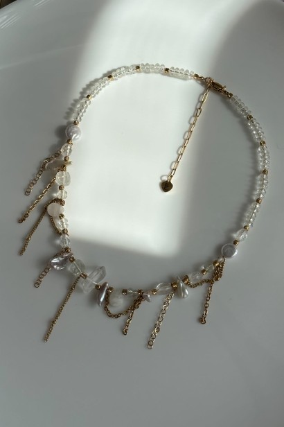 kolia z perłą barokową i kamieniami naturalnymi naszyjnik kryształ górski kamień księżycowy topaz perła unikatowa kolia handmade złota naszyjnik z łańcuszkami elegancki biżuteria stal szlachetna regulowana długość