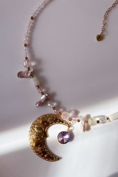 naszyjnik z księżycem złoty kolia kolia kamień księżycowy kryształ górski topaz perła unikatowy naszyjnik z kamieni naturalnych biżuteria handmade księżyc kobieca naszyjnik regulowany stal szlachetna złota