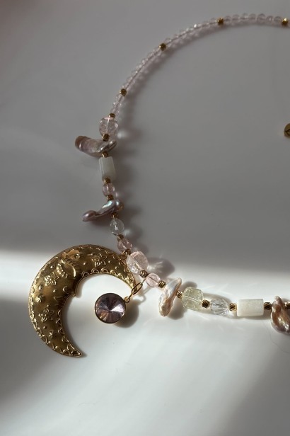 naszyjnik z księżycem złoty kolia kolia kamień księżycowy kryształ górski topaz perła unikatowy naszyjnik z kamieni naturalnych biżuteria handmade księżyc kobieca naszyjnik regulowany stal szlachetna złota