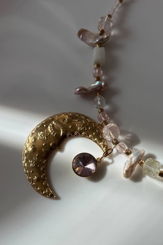 naszyjnik z księżycem złoty kolia kolia kamień księżycowy kryształ górski topaz perła unikatowy naszyjnik z kamieni naturalnych biżuteria handmade księżyc kobieca naszyjnik regulowany stal szlachetna złota