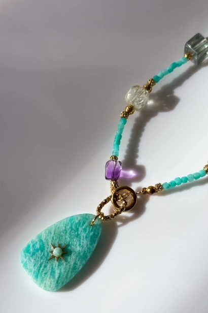 naszyjnik amazonit fluoryt cytryn ametyst beryl naszyjnik morski kamienie naturalne unikatowy naszyjnik z zawieszką amazonit biżuteria handmade letnia złota naszyjnik stal szlachetna kamienie naturalne