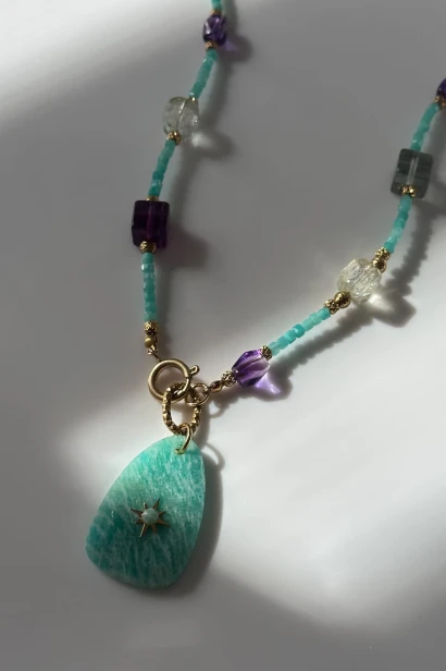 naszyjnik amazonit fluoryt cytryn ametyst beryl naszyjnik morski kamienie naturalne unikatowy naszyjnik z zawieszką amazonit biżuteria handmade letnia złota naszyjnik stal szlachetna kamienie naturalne