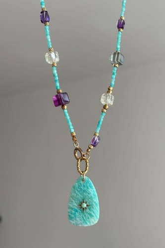 naszyjnik amazonit fluoryt cytryn ametyst beryl naszyjnik morski kamienie naturalne unikatowy naszyjnik z zawieszką amazonit biżuteria handmade letnia złota naszyjnik stal szlachetna kamienie naturalne