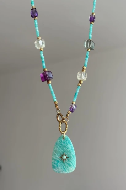 naszyjnik amazonit fluoryt cytryn ametyst beryl naszyjnik morski kamienie naturalne unikatowy naszyjnik z zawieszką amazonit biżuteria handmade letnia złota naszyjnik stal szlachetna kamienie naturalne