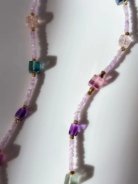 naszyjnik kwarc różowy kunzyt fluoryt cytryn ametyst naszyjnik pastelowy kamienie naturalne złoty unikatowy naszyjnik handmade premium biżuteria z kamieni naturalnych kobieca naszyjnik z zawieszką kwarc różowy stal szlachetna