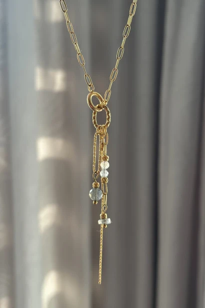 naszyjnik labradoryt złoty stal szlachetna naszyjnik z labradorytem unikat biżuteria handmade z kamieni naturalnych delikatny naszyjnik z zawieszką labradoryt naszyjnik regulowany złoty minimalistyczny