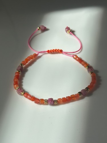 bransoletka agat pomarańczowy turmalin różowy bransoletka dopaminka lulobelia bransoletka na sznurku regulowana damska biżuteria handmade kamienie naturalne kolorowa bransoletka różowa pomarańczowa stal szlachetna