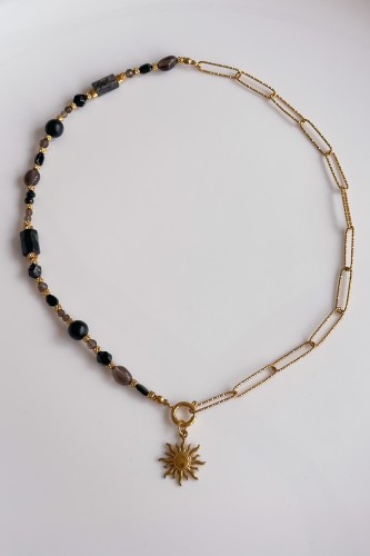 naszyjnik słońce mocy, naszyjnik z kamieni naturalnych czarny turmalin onyks kwarc dymny, biżuteria damska stal szlachetna, naszyjnik ręcznie robiony Polska, naszyjnik z zawieszką słońce, biżuteria symboliczna siła