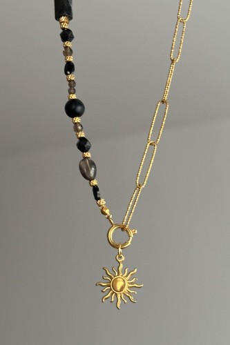 naszyjnik słońce mocy, naszyjnik z kamieni naturalnych czarny turmalin onyks kwarc dymny, biżuteria damska stal szlachetna, naszyjnik ręcznie robiony Polska, naszyjnik z zawieszką słońce, biżuteria symboliczna siła