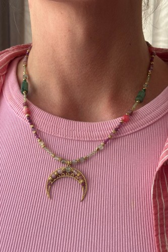 lunula naszyjnik kamienie naturalne, naszyjnik prehnit oliwin turmalin rubin jadeit szmaragd malachit, naszyjnik ręcznie robiony Polska, biżuteria symboliczna damska, naszyjnik unikatowy lunula, naszyjnik stal szlachetna regulowany