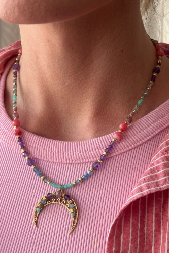 lunula naszyjnik kamienie naturalne ametyst amazonit akwamaryn turmalin jadeit, naszyjnik ręcznie robiony Polska, biżuteria symboliczna damska, naszyjnik unikatowy lunula, naszyjnik stal szlachetna regulowany