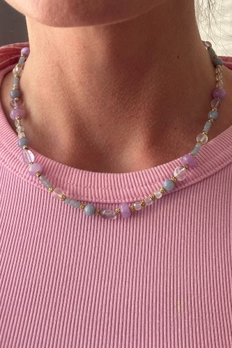 naszyjnik lunula ametyst kamień księżycowy jadeit angelit, biżuteria ręcznie robiona Polska, naszyjnik z kamieni naturalnych damski, delikatny naszyjnik pastelowy, naszyjnik unikatowy stal szlachetna