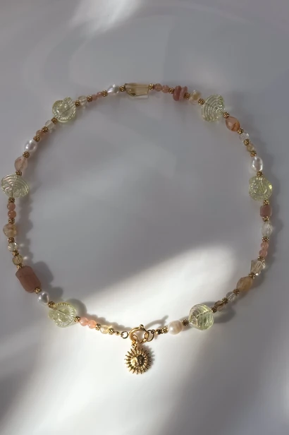 naszyjnik cytryn kamień słoneczny perła, naszyjnik letni z kamieni naturalnych, biżuteria ręcznie robiona Polska, delikatny naszyjnik złoty stal szlachetna, naszyjnik unikatowy damski