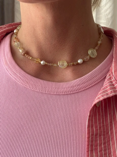 naszyjnik cytryn kamień słoneczny perła, naszyjnik letni z kamieni naturalnych, biżuteria ręcznie robiona Polska, delikatny naszyjnik złoty stal szlachetna, naszyjnik unikatowy damski