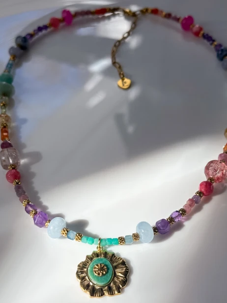 kolorowy naszyjnik z kamieni naturalnych, naszyjnik tęczowy handmade, biżuteria artystyczna Polska, naszyjnik z amazonitem akwamarynem ametystem, unikatowy naszyjnik damski stal szlachetna