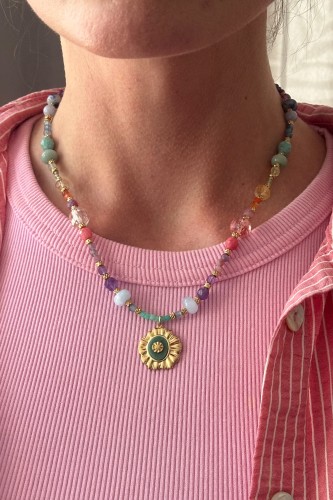 kolorowy naszyjnik z kamieni naturalnych, naszyjnik tęczowy handmade, biżuteria artystyczna Polska, naszyjnik z amazonitem akwamarynem ametystem, unikatowy naszyjnik damski stal szlachetna