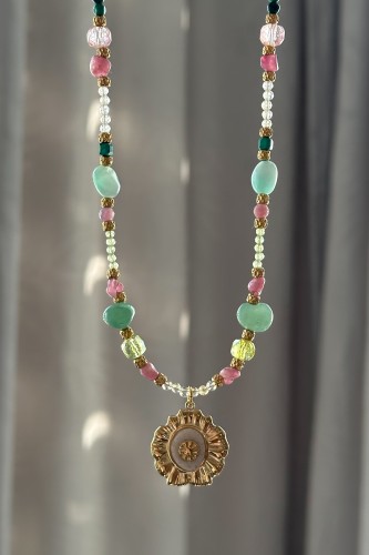 naszyjnik z kamieni naturalnych unikatowy naszyjnik damski biżuteria handmade Polska naszyjnik z zawieszką kwiat naszyjnik z cytrynem, turmalinem i awenturynem elegancki naszyjnik damski stal szlachetna