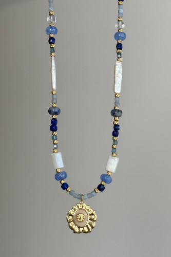 naszyjnik z kamieni naturalnych unikatowy naszyjnik damski biżuteria handmade Polska naszyjnik niebieski kamienie naturalne naszyjnik z perłą i akwamarynem elegancki naszyjnik damski stal szlachetna