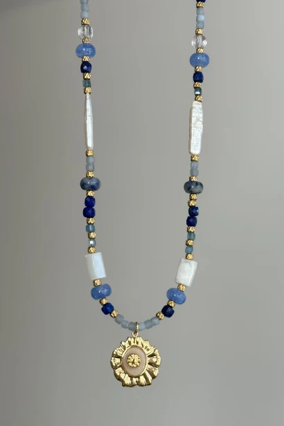 naszyjnik z kamieni naturalnych unikatowy naszyjnik damski biżuteria handmade Polska naszyjnik niebieski kamienie naturalne naszyjnik z perłą i akwamarynem elegancki naszyjnik damski stal szlachetna