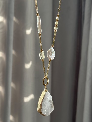 naszyjnik z kamieni naturalnych unikatowy naszyjnik damski amulet damski kamienie naturalne naszyjnik z cytrynem i kryształem górskim naszyjnik z perłą elegancki biżuteria handmade Polska stal szlachetna