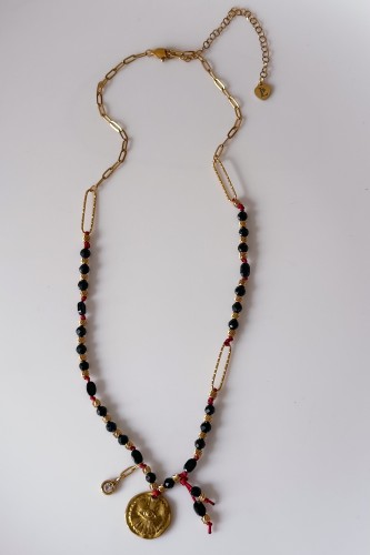 Naszyjnik amulet ochrony Lulobelia nr 232, czarny turmalin, łańcuch paperclip złocony, stal szlachetna, długość 46 cm plus przedłużenie