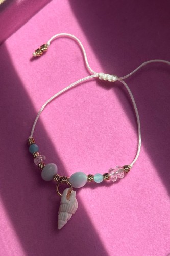 Bransoletka Lulobelia Letniaczek 2 z amazonitem, kalcytem i kryształem górskim, muszelka na sznurku makramowym, handmade Polska