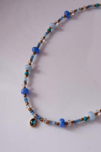 Naszyjnik choker unikat Lulobelia nr 234 z akwamarynem niebieskim chalcedonem i kryształem górskim, złota zawieszka, handmade Polska