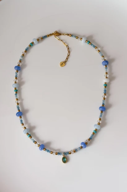 Naszyjnik choker unikat Lulobelia nr 234 z akwamarynem niebieskim chalcedonem i kryształem górskim, złota zawieszka, handmade Polska