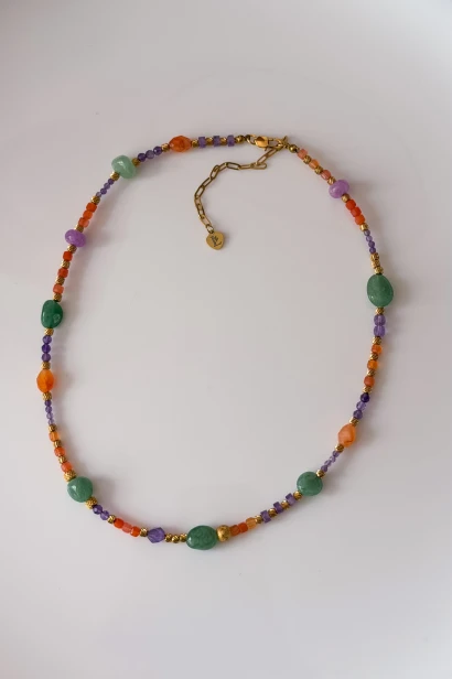 Naszyjnik choker unikat Lulobelia nr 235 z ametystem pomarańczowym agatem i zielonym awenturynem, kolorowa biżuteria handmade Polska