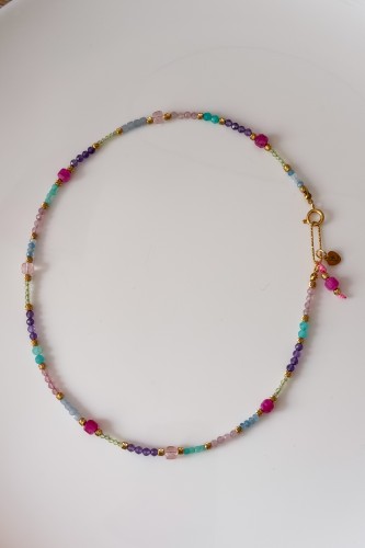 Naszyjnik unikat Lulobelia nr 236 z ametystem berylem oliwinem kwarcem różowym i akwamarynem, tęczowa biżuteria handmade Polska