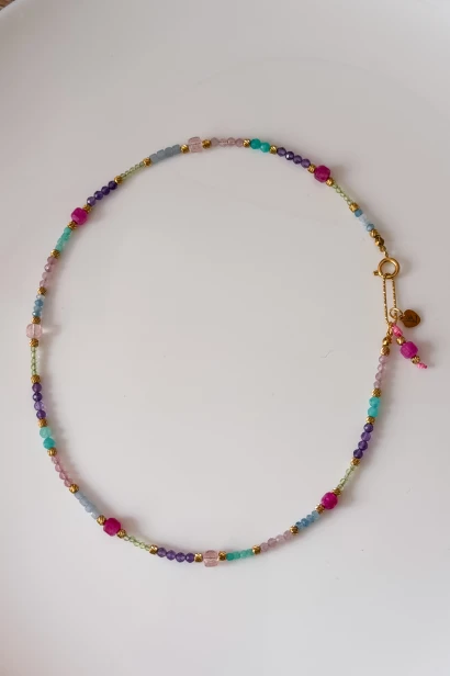 Naszyjnik unikat Lulobelia nr 236 z ametystem berylem oliwinem kwarcem różowym i akwamarynem, tęczowa biżuteria handmade Polska