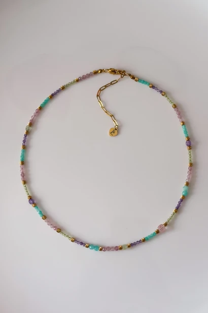 Naszyjnik unikat Lulobelia nr 241 Amulet Leśnych Chochlików, ametyst oliwin prehnit kwarc różowy amazonit, pastelowa biżuteria handmade Polska