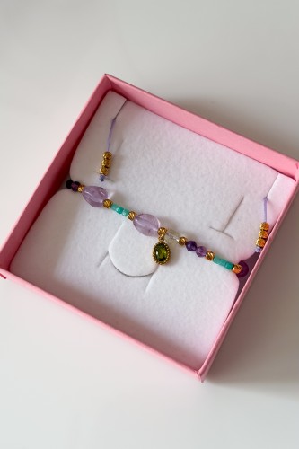 Bransoletka Lulobelia Smaki lata w pudełku prezentowym, ametyst amazonit fluoryt topaz, biżuteria handmade Polska
