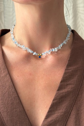 Naszyjnik unikat Lulobelia nr 244, kryształ górski supełkowany, chabrowe oczko w złocie, biżuteria handmade Polska