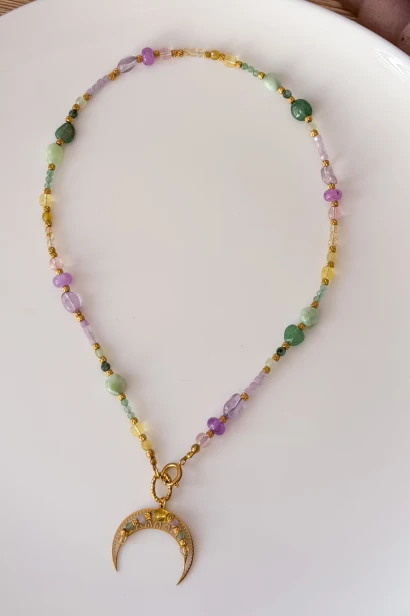 Naszyjnik unikat nr 247, lunula, ametyst, cytryn, kamienie naturalne, kolory lata, handmade Polska, Lulobelia