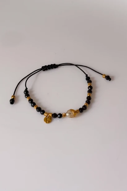 Bransoletka Turmalinka z cytrynem Lulobelia, czarny turmalin, surowy cytryn, sznurek regulowany makramowo, biżuteria symboliczna handmade Polska