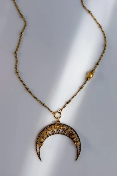 Naszyjnik Lulobelia lunula z cytrynem, złoty księżyc wysadzany kamieniami, biżuteria symboliczna handmade Polska