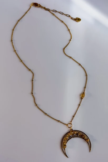 Naszyjnik lunula na łańcuszku z beadchainem Lulobelia, cytryn, złocony księżyc, długość 45 cm, handmade Polska