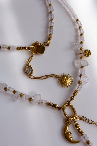 Naszyjnik Lulobelia amulet kobiecości, złoty księżyc z twarzą, słońce, karta tarota, biżuteria symboliczna handmade Polska