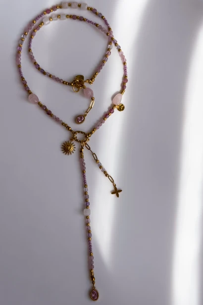 Naszyjnik unikat Lulobelia amulet miłości z krawatką, kwarc różowy, różowy turmalin, fluoryt, słońce, handmade Polska