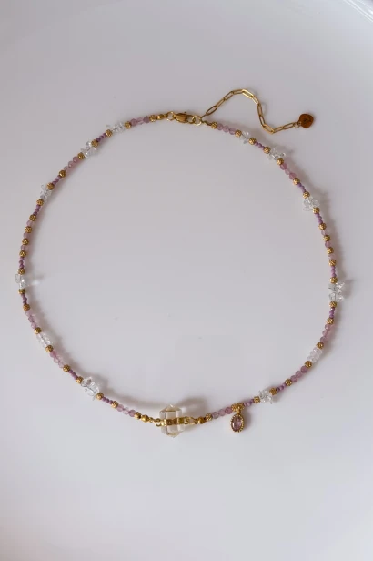Naszyjnik unikat Lulobelia wewnętrzna dobra wróżka z grotem z kryształu górskiego, kwarc różowy, mika, handmade Polska