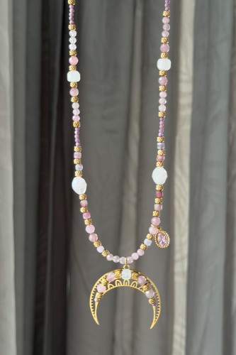 Naszyjnik unikat Lulobelia lunula miłości, złoty półksiężyc, kwarc różowy, różowy turmalin, kamień księżycowy, handmade Polska