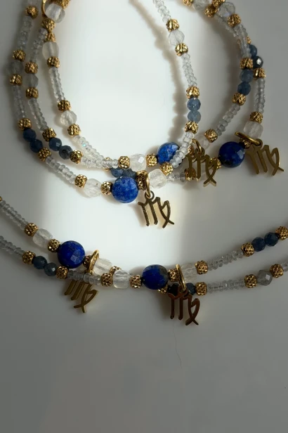ransoletki zodiakalne Lulobelia dla Panny, labradoryt, szafir, lapis lazuli, biżuteria symboliczna handmade Polska